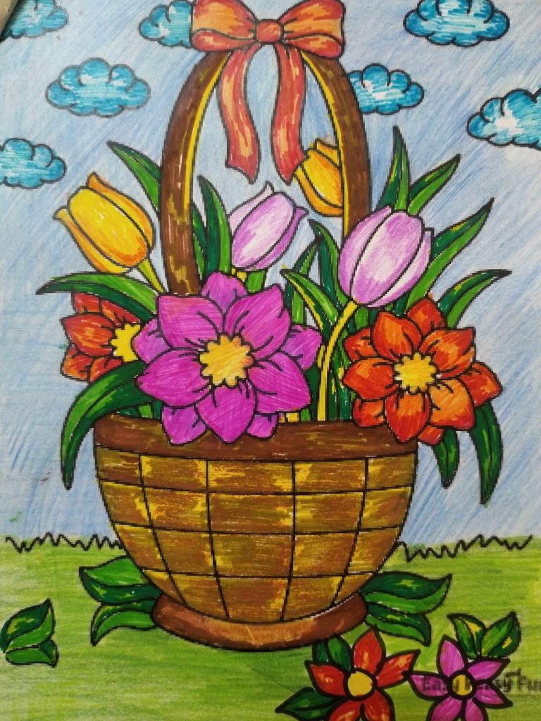 How to draw flower basket.Step by step(easy draw) - YouTube